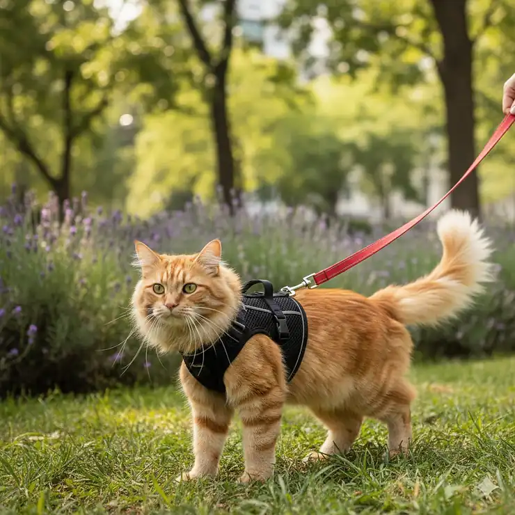 A fluffy ginger cat wearing a secure, escape proof cat harness and leash while walking in a grassy park.