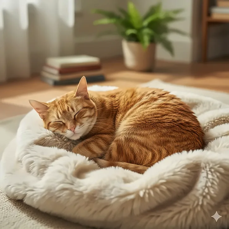 A close-up shot of a happy orange tabby cat curled up asleep on a super soft, fuzzy, light gray blanket for a cat. blankets for a cat