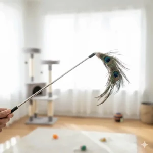 A professional photograph showcasing the full length of the Da Bird cat toy and wand, ready for play.