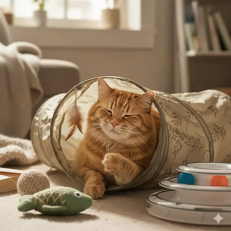 A peaceful, fluffy senior cat is enjoying an age-appropriate play session with a soft, fabric crinkle tunnel toy, highlighting the best toys for older cats who need gentle stimulation.