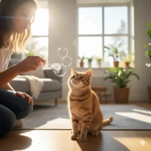 A person blowing a stream of bubbles toward a curious cat to initiate playtime.