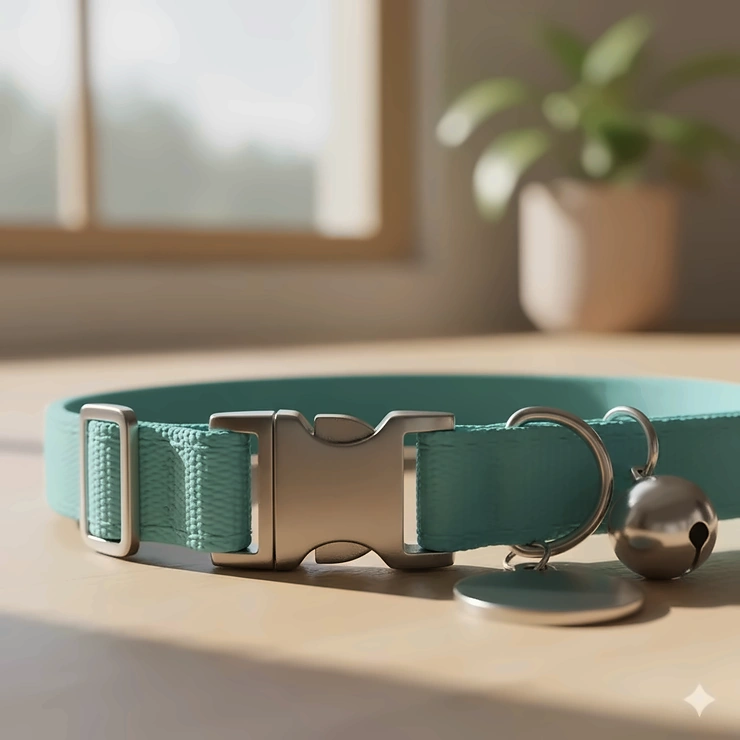Close-up illustration of a quick-release breakaway buckle on a cat collar with a bell for feline safety. cat collars with bells