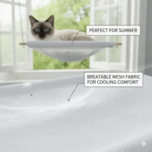 Illustration highlighting the breathable mesh fabric of a summer-friendly cat hammock.