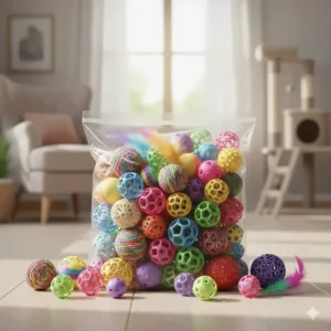 A multi-pack assortment of various ball cat toys in different colors and textures.