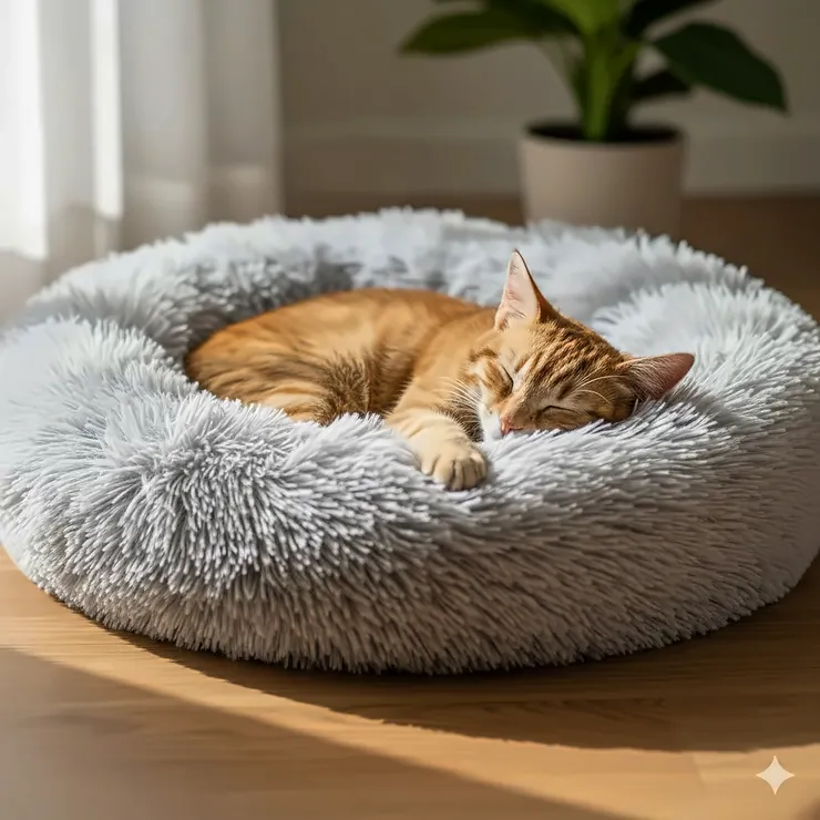 A premium fluffy cat bed doughnut in a light gray color, with a small tabby cat curled up comfortably inside. This self-warming bed provides maximum security and comfort for deep sleep.