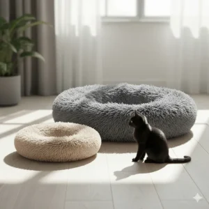 Two cat bed doughnuts side-by-side, illustrating the difference between the small and medium sizes, with a cat sitting next to the larger one for scale.