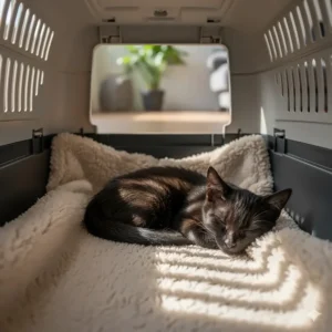 The small, sherpa-lined blanket for a cat placed inside a plastic pet carrier for comfort during transport.