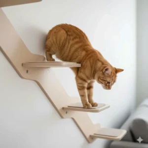 Detailed close-up of non-slip wooden steps for a cat wall, providing secure and easy access to the higher levels of the wall-mounted cat furniture.