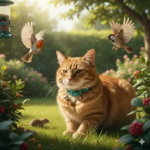 Illustration showing how the sound of a cat collar bell alerts birds and local wildlife to a cat's presence.