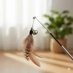 Close-up shot of the realistic feather and bell lure attached to the end of the cat fishing rod toy.