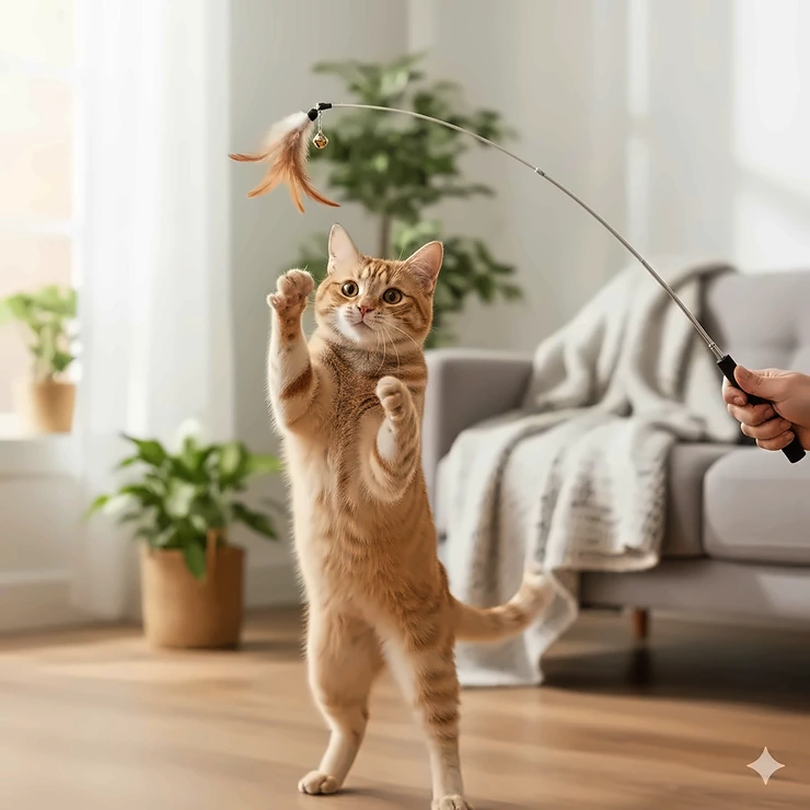 A happy ginger cat leaping high to catch the feather lure of a durable cat fishing rod toy held by its owner.