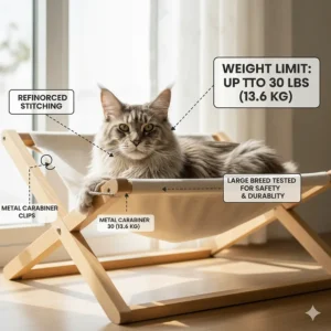 Diagram showing the reinforced stitching and weight capacity of a sturdy cat hammock for large breeds.