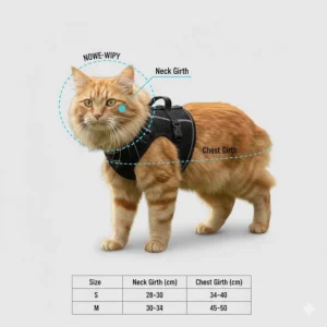 Illustration demonstrating where to measure a cat's neck and chest girth for a perfectly sized escape proof cat harness.