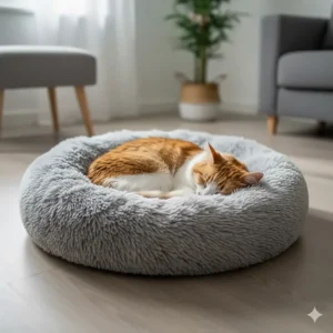 A domestic short-haired cat in a state of deep, peaceful sleep nestled fully inside the circular, calming doughnut bed.