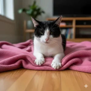 A black and white tuxedo cat happily kneading a pink soft fleece blanket for a cat on a wooden floor.