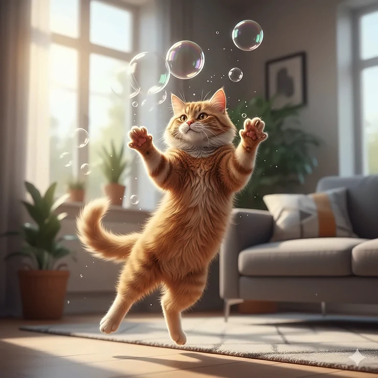 Illustration of a cat leaping into the air to pop bubbles for exercise and mental stimulation.