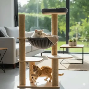 An active cat batting at a hanging toy while sitting next to a cat tree hammock.