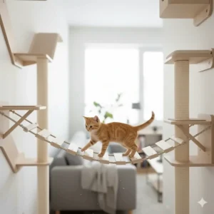 A playful kitten traversing a rope bridge component of the wall-mounted cat furniture, demonstrating the stimulating activity it provides.