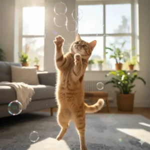 A playful ginger cat jumping to catch catnip bubbles in a sunlit living room.
