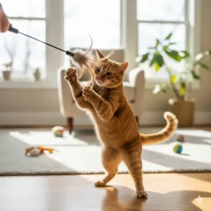 An energetic ginger cat batting at the Da Bird toy while a person holds the wand, illustrating interactive play.