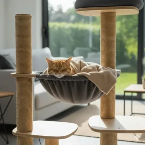 A ginger tabby cat sleeping comfortably in a soft elevated hammock on a tall cat tree.