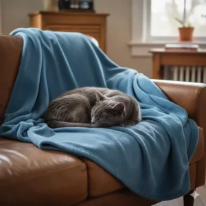 A gray domestic shorthair cat comfortably nestled on a brown leather sofa, covered by a blue protective blanket for a cat.