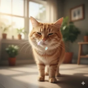 Close-up illustration of a cat sniffing a bubble to show sensory engagement with catnip scents.