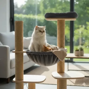 A cat tree featuring both a high viewing perch and a cozy hanging hammock for resting.