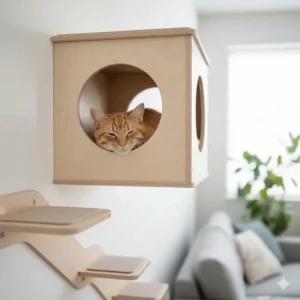 An enclosed, semi-private wall-mounted cat house, offering a secure hideaway and cozy sleeping area within the vertical cat furniture arrangement.