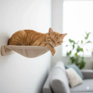A cozy, fabric cat hammock attached securely to the wall, serving as a comfortable, elevated perch in the complete wall-mounted cat furniture setup.
