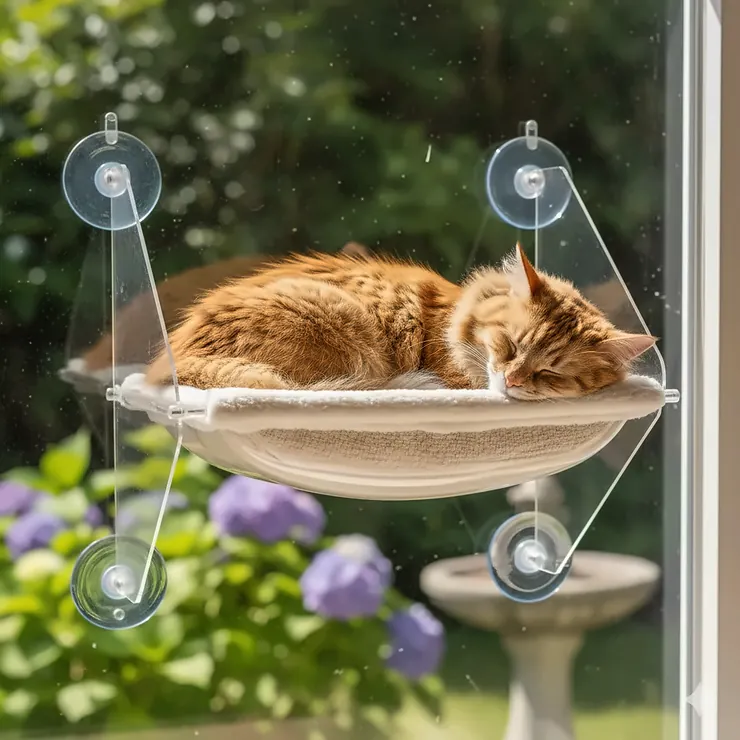 A fluffy ginger cat relaxing in a sturdy suction cup cat window hammock with a view of a garden.