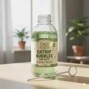 A bottle of catnip-infused bubble solution with a bubble wand resting beside it.