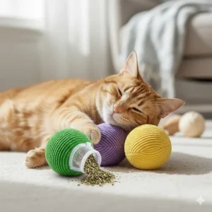 Soft plush ball cat toys infused with organic catnip to encourage active play.