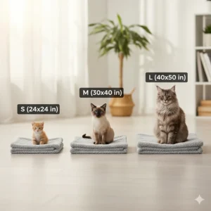 A visual comparison chart of the small, medium, and large sizes available for this cozy blanket for a cat.