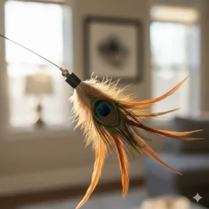 Close-up of the natural feather attachment on the famous Da Bird cat toy wand, showing its realistic movement.