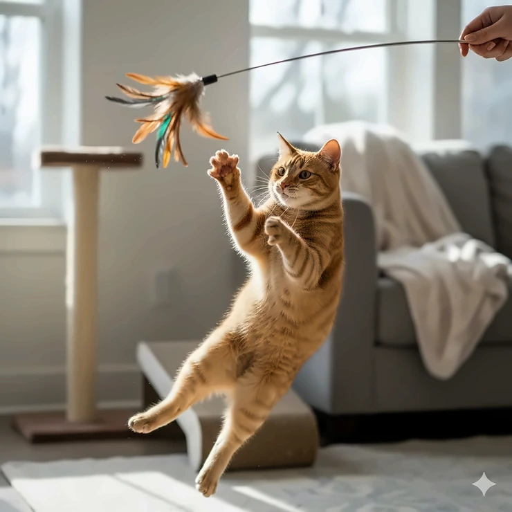 A cat happily leaping in the air to catch the feather wand of the Da Bird toy during active playtime. da bird toy for cats