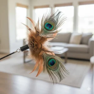 Detailed shot of the durable, natural feathers used in the Da Bird cat toy to mimic the motion and sound of a real bird.