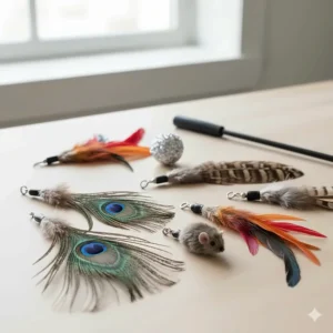 Various replacement attachments for the Da Bird cat toy, including colorful feathers and natural bird designs.