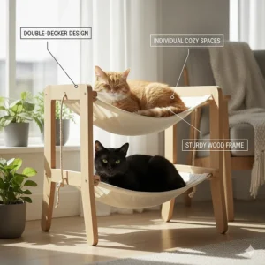 A double-decker bunk style cat hammock designed for households with two cats.