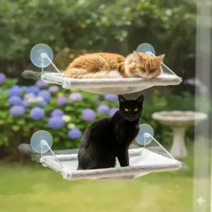 Illustration of two cats sharing a double-layer cat window hammock at different heights.