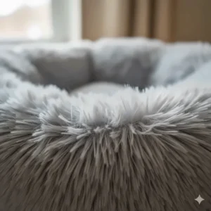 Close-up of the anti-anxiety soft, plush faux fur fabric used on the cat bed doughnut.