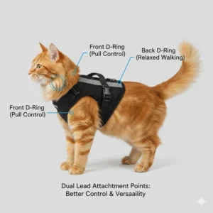 Illustration highlighting the front and back D-ring attachment points on an escape proof cat harness for better control.