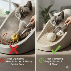 Illustration demonstrating fast-clumping cat litter for senior cats that makes daily cleaning easier for owners.