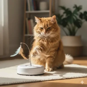 A battery-operated, low-speed rotating feather toy that provides interactive, low-impact play for an older cat, stimulating their hunting instincts.