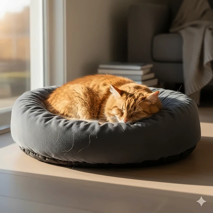 Luxurious, oversized bed for a fat cat showing a comfortable, large feline resting peacefully on a plush, durable pet cushion. beds for big cats