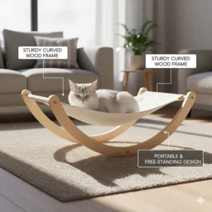 A portable, free-standing cat hammock with a curved wooden frame on a living room rug.