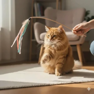 An owner is gently encouraging play with a soft, lightweight wand toy, a great way to bond with and exercise older cats at a slower pace.