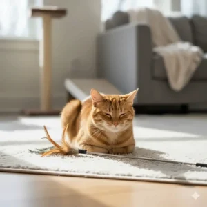 A content, satisfied cat resting next to the Da Bird toy after a successful and stimulating play session.