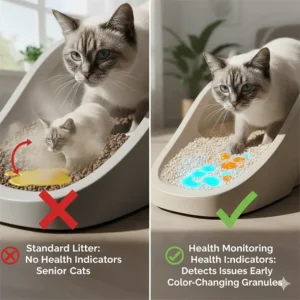 Illustration of color-changing health indicator cat litter used to monitor urinary tract health in senior cats.