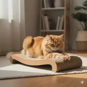 A wide, sturdy horizontal cardboard scratching post that serves as both a toy and a resting area, perfect for older cats who struggle with vertical posts.